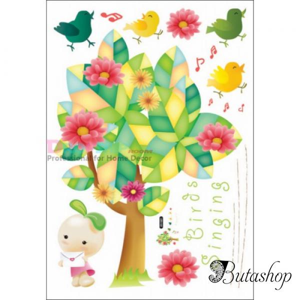 РАСПРОДАЖА! Виниловая наклейка - Яркое дерево с поющими птичками - butashop.com