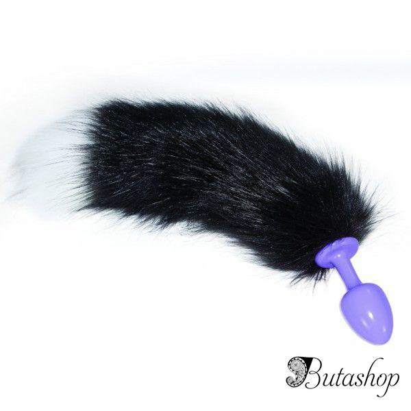 Фиолетовая анальная пробка с длинным чёрно-белым хвостом - butashop.com