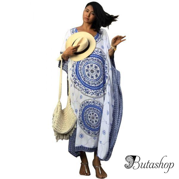 Blue Bohemian Print Kaftan Maxi Dress - butashop.com