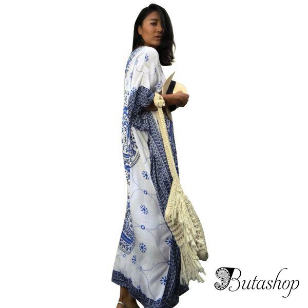 Blue Bohemian Print Kaftan Maxi Dress - butashop.com