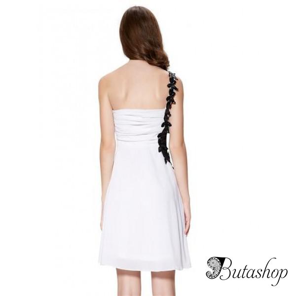 РАСПРОДАЖА! Чёрно-белое коктейльное платье украшено макраме в области плеча - butashop.com