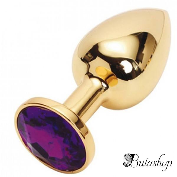 Золотая анальная пробка с пурпурным кристаллом, средняя - butashop.com