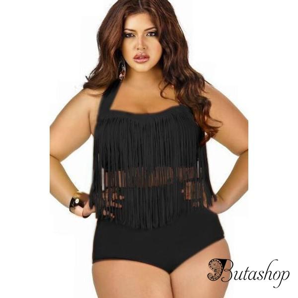 Black Fringed High-waist Swimwear Plus Size - butashop.com