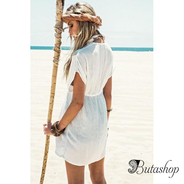 White Short Sleeve V Neck With Lace Beachwear - butashop.com