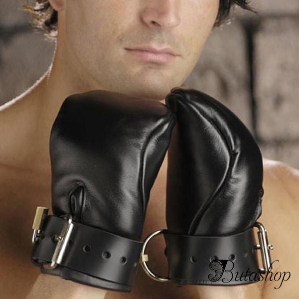 Черные экокожа перчатки-наручники - butashop.com