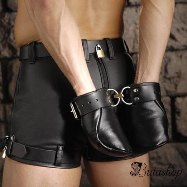 Черные экокожа перчатки-наручники - butashop.com