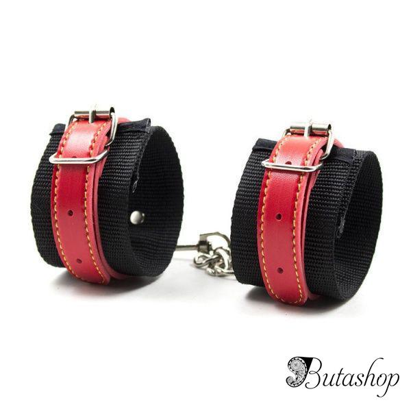 Черные наручники с кожаными красными ремнями - butashop.com