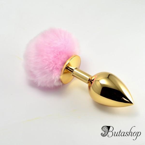Золотая анальная игрушка с розовым помпоном - butashop.com