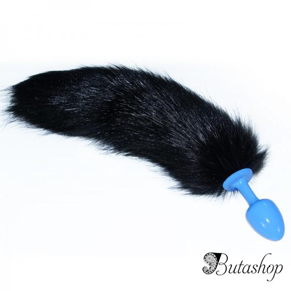 Голубая анальная втулка с длинным чёрным хвостом - butashop.com