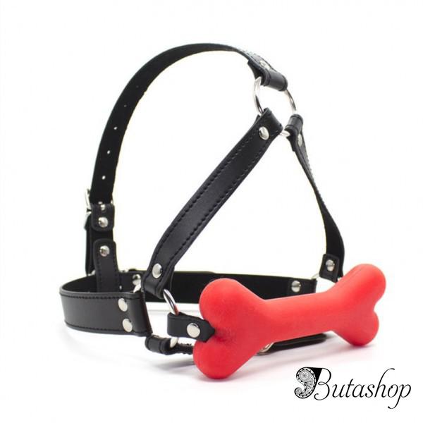 Черный кжаный кляп для рта с мягкой силиконовой подушечкой-косточкой Красный - butashop.com
