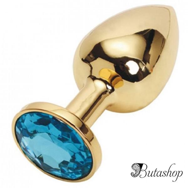 Золотая анальная пробка с голубым кристаллом, средняя - butashop.com