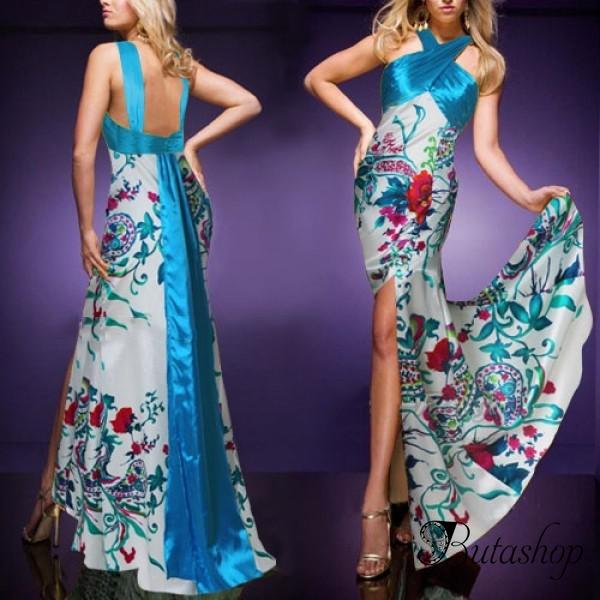 РАСПРОДАЖА! Вечернее элегантной платье с голубым принтом - butashop.com