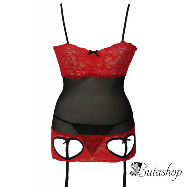 Шикарный комплект Black Red Lace Valentine Chemise  King Size - butashop.com