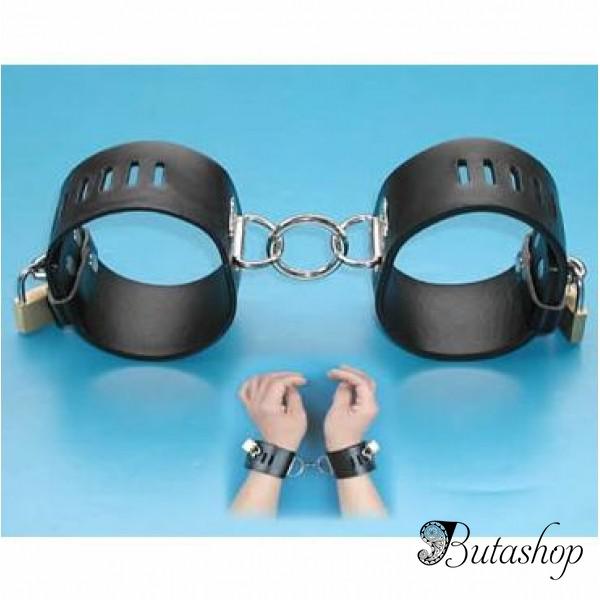 Черные кожаные наручники из качественной искусственной кожи - butashop.com