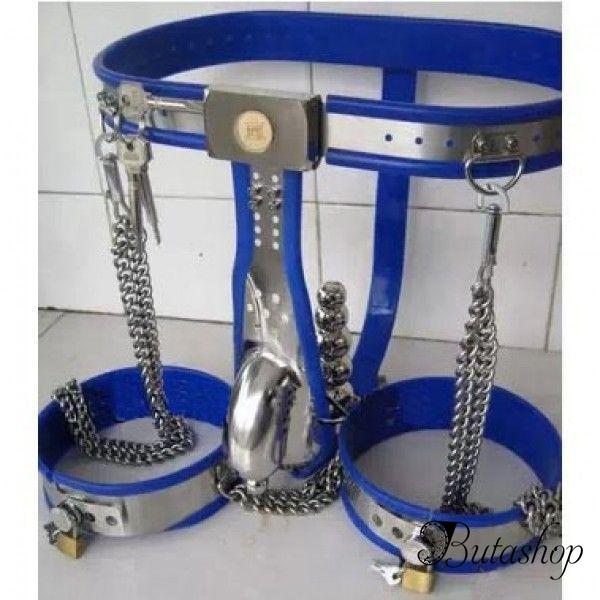 Male Fully Adjustable Model-T with Cage and Plug and Urethral Tube + Thigh Bands BLUE - butashop.com