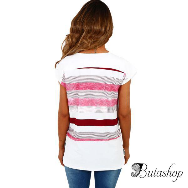 Бело-розовая полосатая женская футболка - butashop.com