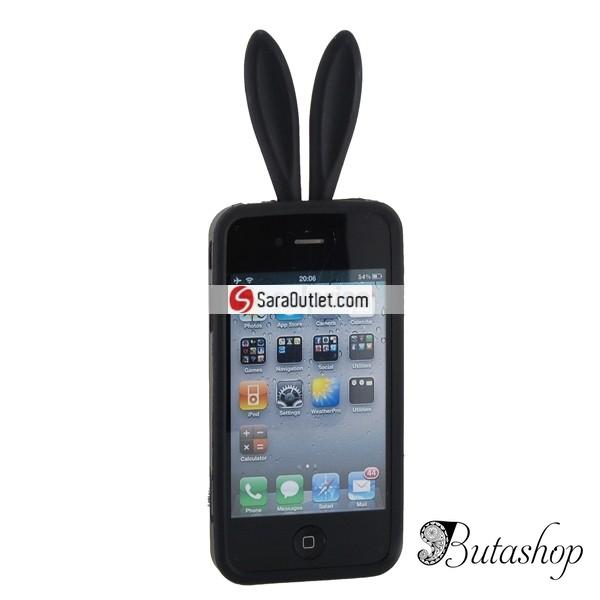РАСПРОДАЖА! Latest Style 2 in 1 Rabbit Ears Silicone Case with Rabbit Tail Stand for iPhone 4G (Black) - butashop.com