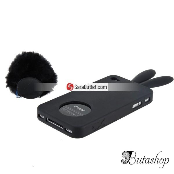 РАСПРОДАЖА! Latest Style 2 in 1 Rabbit Ears Silicone Case with Rabbit Tail Stand for iPhone 4G (Black) - butashop.com