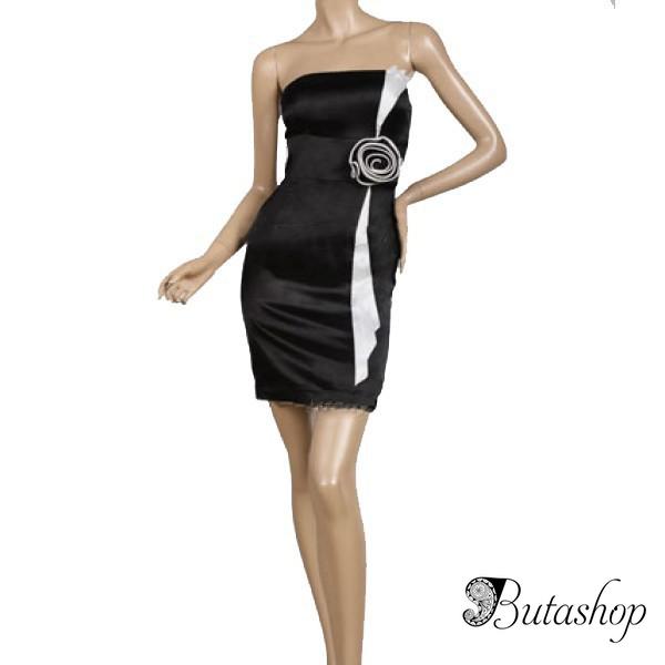 РАСПРОДАЖА! Черное мини платье с цветком на поясе - butashop.com