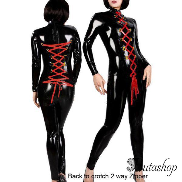 Черный виниловый костюм с двойной красной шнуровкой - butashop.com