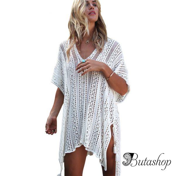 White Crochet Knitted Tassel Tie Kimono Beachwear - butashop.com
