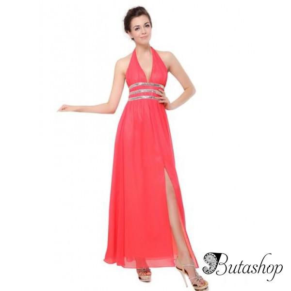 РАСПРОДАЖА! Длинное платье с V-образным вырезом розовое - butashop.com