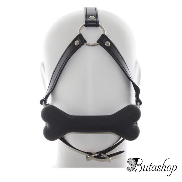 Черный кжаный кляп для рта с мягкой силиконовой подушечкой-косточкой - butashop.com