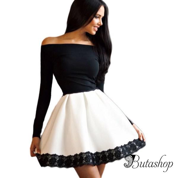 Черно-белое платье с открытыми плечами - butashop.com