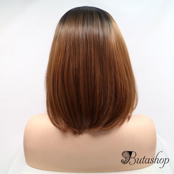 Реалистичный парик на сетке коричневое асиммeтричное каре с черными корнями - butashop.com