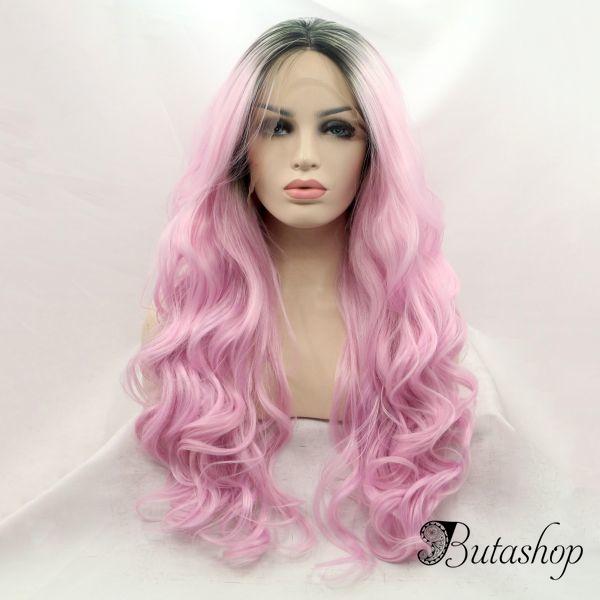 Длинный волнистый парик на сетке розовый омбре с черными корнями - butashop.com