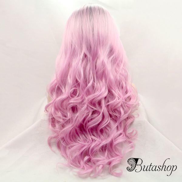 Длинный волнистый парик на сетке розовый омбре с черными корнями - butashop.com