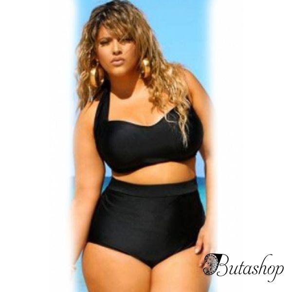 Black Halter Bandeau High Waist Plus Size Swimwear - butashop.com