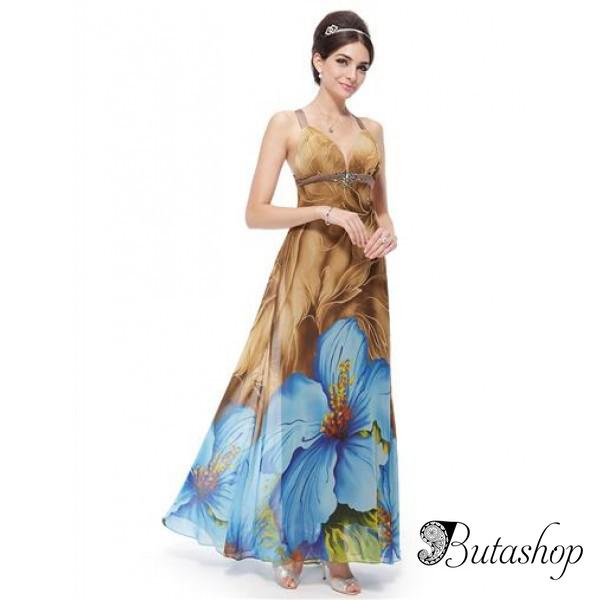 РАСПРОДАЖА! Вечернее длинное платье с шикарным принтом крупные синие цветы - butashop.com