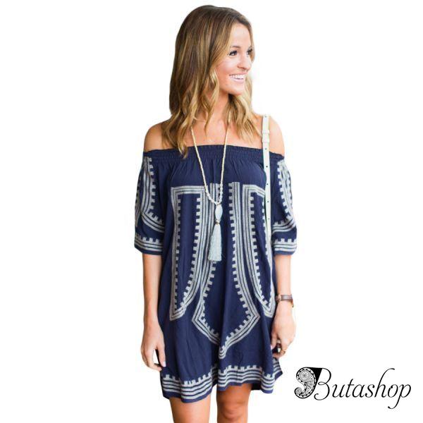 Bohemian Vibe Geometric Print Off The Shoulder Beach Dress - butashop.com