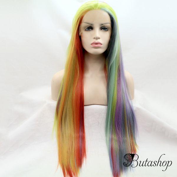 Длинный парик на сетке с прядями цвета радуги - butashop.com