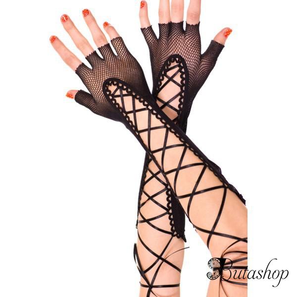 Длиные черные перчатки на шнуровке - butashop.com