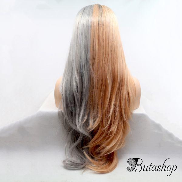 Длинный двухцветный серо-персиковый парик с черным омбре на сетке - butashop.com