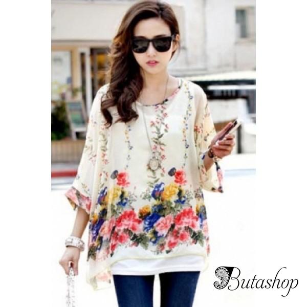 Элегантная просторная шифоновая блуза с цветами - butashop.com