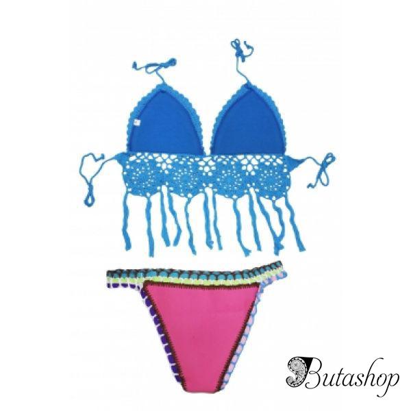 Синий купальник с вязаными вставками - butashop.com