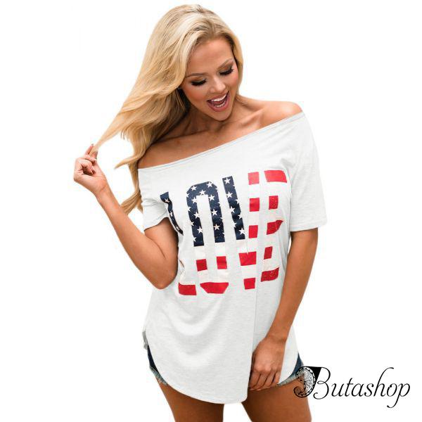 Белый топ с коротким рукавом с американским флагом и принтом LOVE - butashop.com