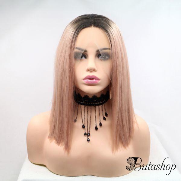 Реалистичный парик омбре на сетке пастельно розовые прямые волосы каре - butashop.com