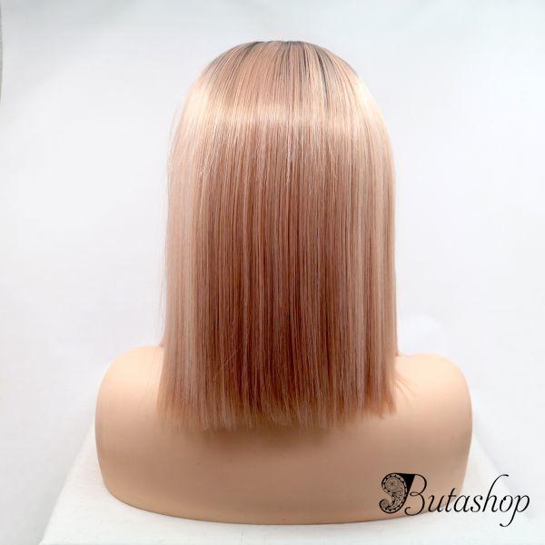 Реалистичный парик омбре на сетке пастельно розовые прямые волосы каре - butashop.com