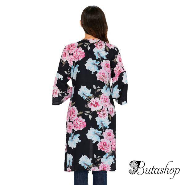 Black Floral Side Slit Boho Kimono - butashop.com