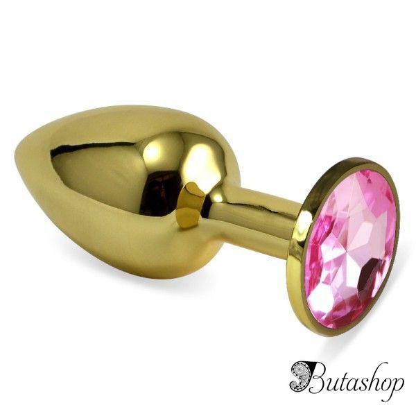 Гладкая анальная пробка золотистого цвета с розовым хрусталем размер S + подарочная упаковка - butashop.com