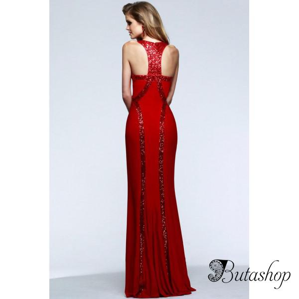 Платье Sequin Trim Red Jersey Gown - butashop.com