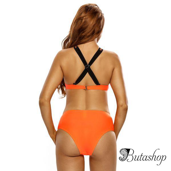 Orange High Neck Cross Back High Waist Swimsuit - butashop.com