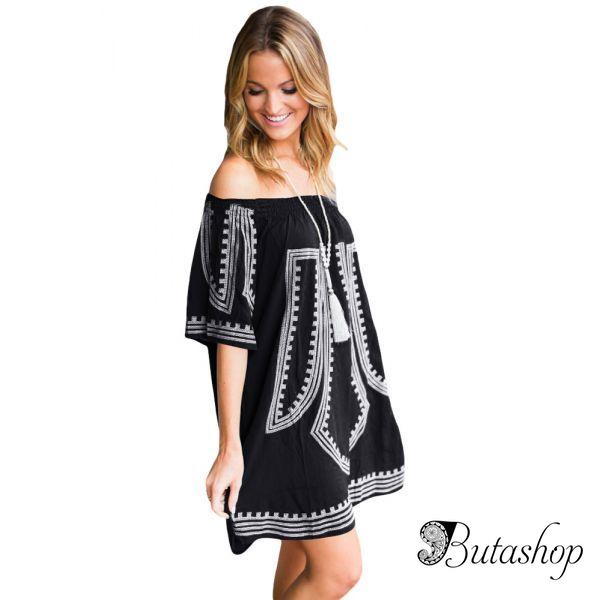 Black Bohemian Vibe Geometric Print Off The Shoulder Beach Dress - butashop.com