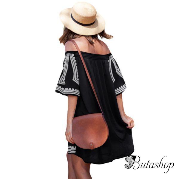 Black Bohemian Vibe Geometric Print Off The Shoulder Beach Dress - butashop.com