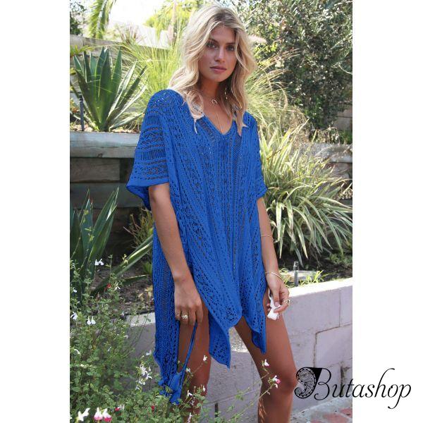 Cobalt Blue Crochet Knitted Tassel Tie Kimono Beachwear - butashop.com