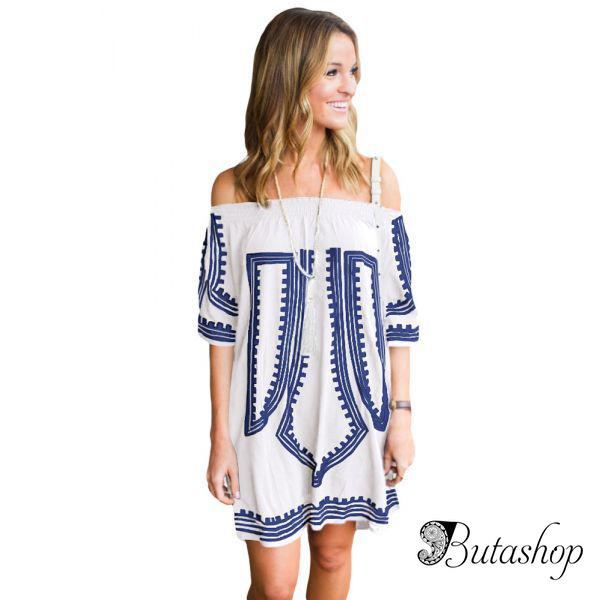 Белое платье с геометрическим принтом и открытыми плечами - butashop.com